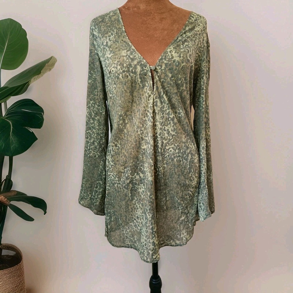 Victoria's Secret Green Leopard Animal Print Long Sleeve Sleep Shirt Dress S Y2K